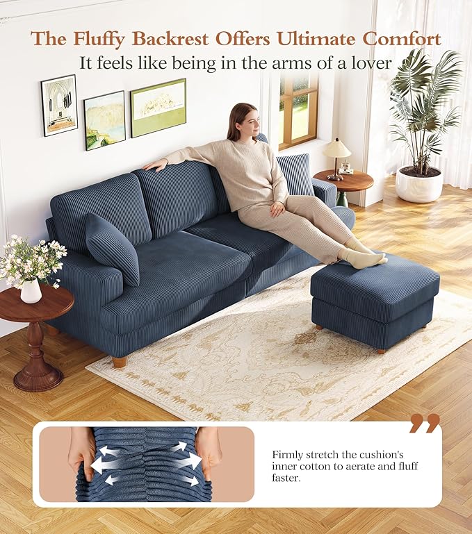 Kidirect 87in L Shaped Couch, Modular Sofa No Tool Assembly, Comfy Sectional Couches for Living Room 21in Deeper Seats, Corduroy Sofas for Living Room with 2 Pillows, Loveseat Sofa Set, Blue Couch | Comfy Corduroy, Oversized 87in Couch, 850LB Tough, To...