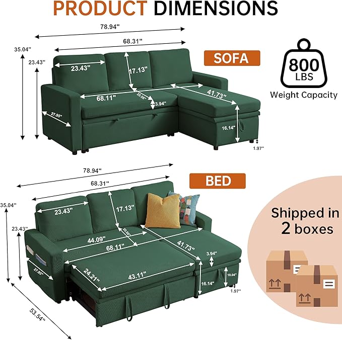 79" Sleeper Sofa Bed, 3-in-1 Convertible Sofa Pull Out Couch with Storage | Reversible Chaise | L Shaped | Layered Storage | 3-Seater Comfy Sectional Couch Pullout Bed for Living Room