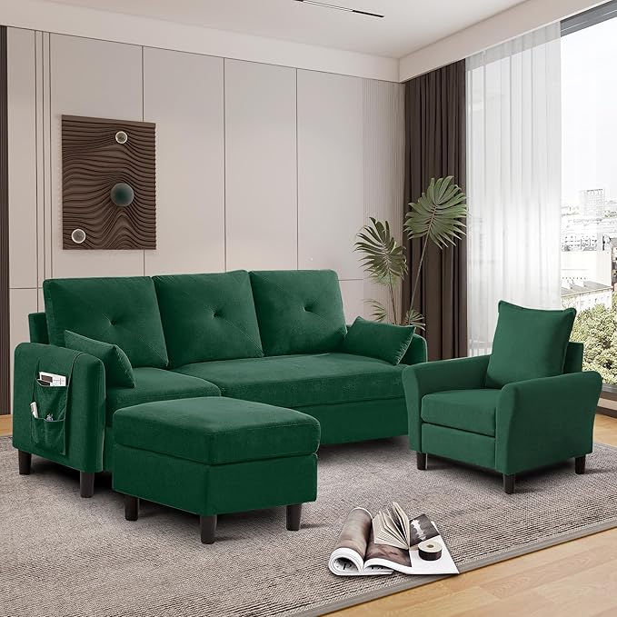 Convertible Sectional Sofa, 77" Small L Shaped 3 Seat Couch with Reversible Storage Chaise, and Accent Chair Set Modern Polyester Fabric Sofa Couches for Living Room, Apartment, Green