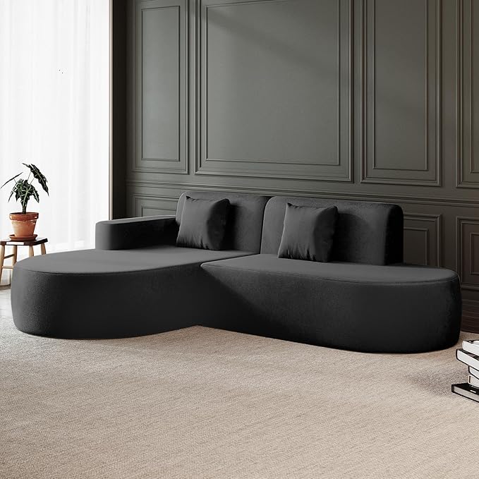 MELLCOM Modern Curved Boneless Sofa Couch, L-Shaped Corner Sofa, No Assembly Needed, Chenille Upholstered Cloud Sectional Couch for Living Room, Bedroom and Apartment (Black, Left Hand Facing)