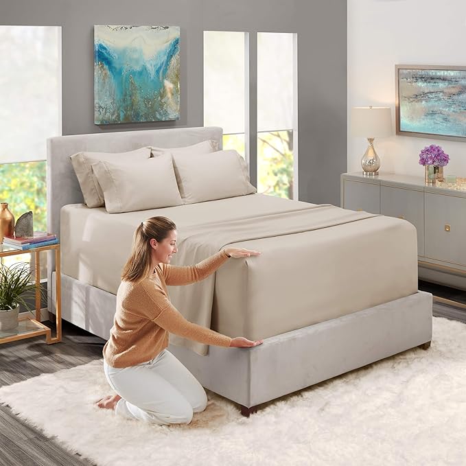 Hearth & Harbor Bed Sheets, Luxury Soft 6 Piece Bed Sheet Set Extra Deep Pocket Fitted Sheets Fits Mattress up to 21", Double Brushed Bedding Sheets & Pillowcases, Split King, Natrual Linen