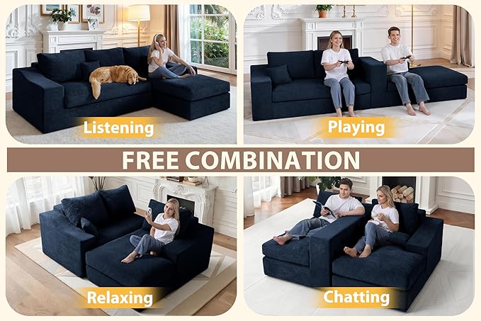 HABUTWAY 101'' Modular Sectional Sofa, Cloud Sectional Couches for Living Room, Comfy Boneless Couch with Deep Seat, Modern L-Shape Sofa with Chaise, No Assembly Required (Blue, Right Facing Chaise)