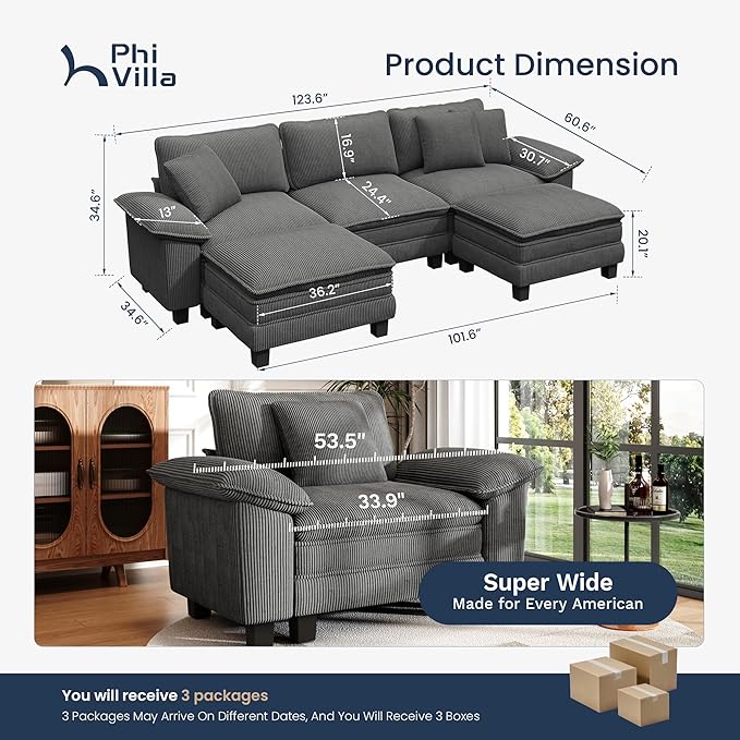 PHI VILLA Cloud Modular Couch Sets, 123.6" Sectional Sofa with U-Shaped Chaise, 5-Seater Couches with 2 Movable Ottomans for Living Room, Corduroy Fabric, Grey