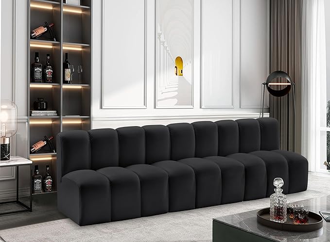 Meridian Furniture 101Black-S3F Arc Collection Modern | Contemporary Modular Sofa with Soft Black Vegan Leather, Deep Channel Tufting, Modular Design, 89.5" W x 31" D x 30" H, Black
