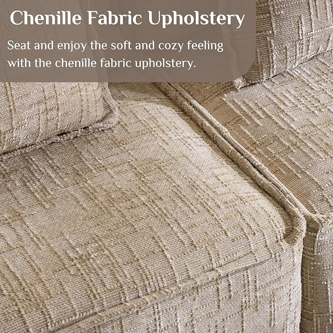 Karl home 110" Cloud Sectional Couches with Moveable Ottoman 3 Seat Boneless Modular Sofa Set L-Shape Convertible Couche with Chenille Upholstery for Living Room, Apartment, Studio, Khaki