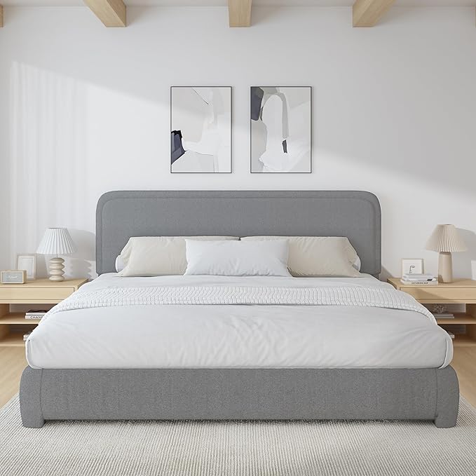 BarnFurin King Size Boucle Bed Frame and Headboard, Cloud Upholstered Platform Bed Frame, Soft Rounded Corners, No Box Spring Required, Non-Slip and Noise-Free, Easy Assembly, Light Grey