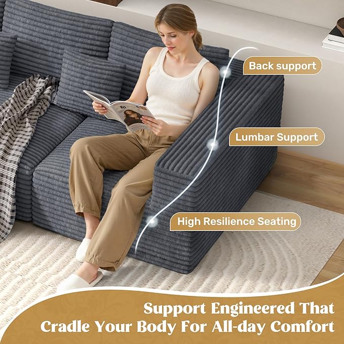 110" Modular Sectional Sofa Couches, Cloud Couches for Living Room, Boneless Sofa with Deep Seat,L-Shape Couch with Chaise,No Assembly Required,Grey,1 PCS