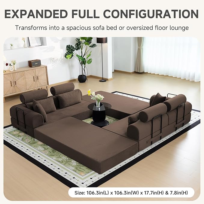 Boneless Sectional for Small Spaces, 106” L Shaped Couch from Two 70.87” Modules, Reconfigures to 141.7” Straight Sofa, Corduroy Compressed Couch in a Box with Headrest Back Pillows, Brown