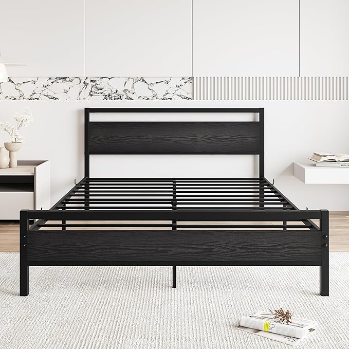 BOFENG Black Queen Size Bed Frames with Wood Headboard,Heavy Duty Metal Platform Bed Frame with Storage No Box Spring Needed,Strong Steel Slats Support,Noise Free