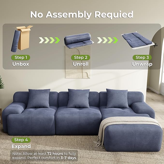LIKIMIO LumiCord Modular Sectional Sofa with Ottoman, 118" L-Shaped Boneless Couch for Living Room, Oversized Deep Seat with Corduroy Upholstery, No Assembly Required, Navy Blue