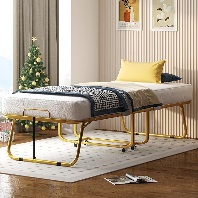 Mjkone Folding Bed with 5 Inch Memory Foam Mattress, Single Rollaway Bed for Guests, Space Saving Portable Bed with Lockable Wheels, Easy Assembly & Moving, 75 x 38 -Gold