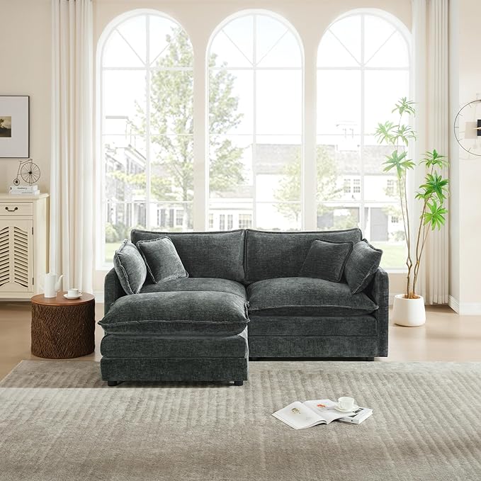 mikibama Modular Sectional Sofa, 76.4 Inch L Shaped Couch Set for Living Room, Loveseat Comfy Cloud Couches with Movable Ottoman, DIY Combination, Chenille, Grey