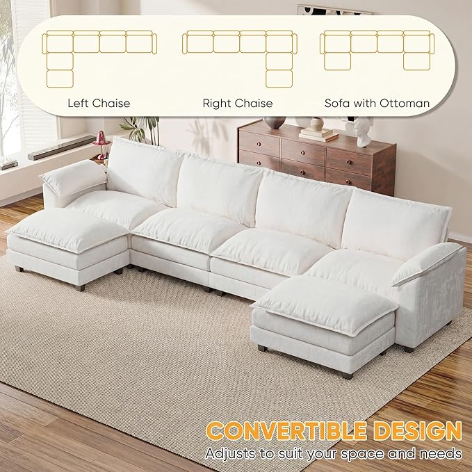 Modular Sectional Sofa with Double Layer Cushion, U Shaped Cloud Couch with 2 Movable Ottoman & Deep Seat, Oversized Chenille Sofa Couches for Living Room and Apartment (White, U Shaped Sofa)