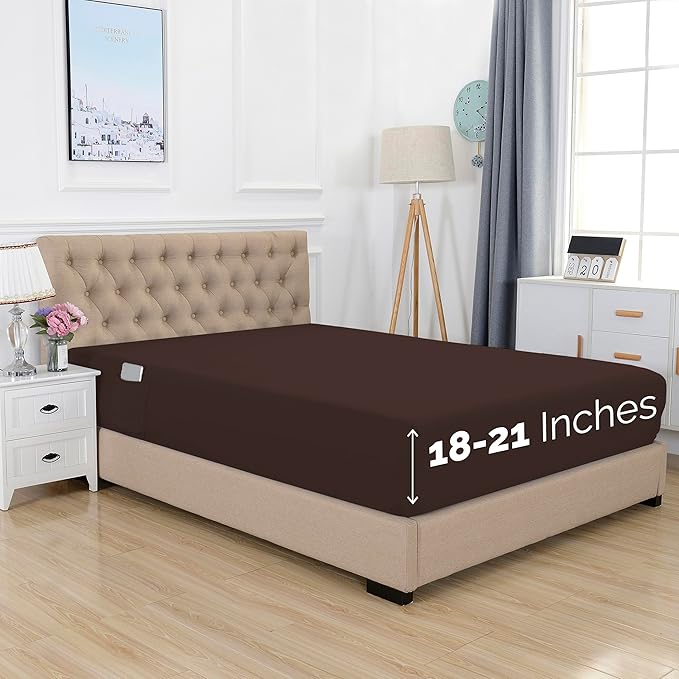 Elegant Comfort 1500 Premium Hotel Quality 18-21 Inches Deep - Extra Deep Pocket Single Fitted Sheet for High Mattress, Luxury and Softest, Smart Pocket - Wrinkle Free, Twin/Twin XL, Chocolate Brown