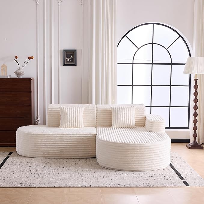 Modern Curved Boneless Sofa Couch, L-Shaped Corner Sofa, Corduroy Upholstered Cloud Sectional Couch for Living Room, Bedroom and Apartment,No Assembly Needed(Beige, Right Hand Facing)