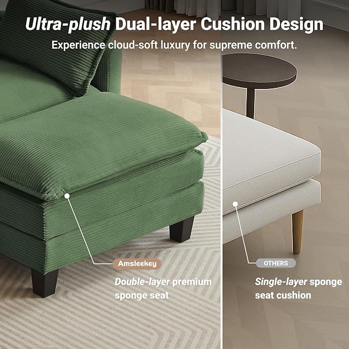Modular Sectional Sofa, 76.5" L-Shaped Corduroy Comfy Sectional Couches for Living Room, 2-Seater Cloud Couches with 1 Movable Ottoman, Flexible Combination Modern Deep Seat Sofa (Green)