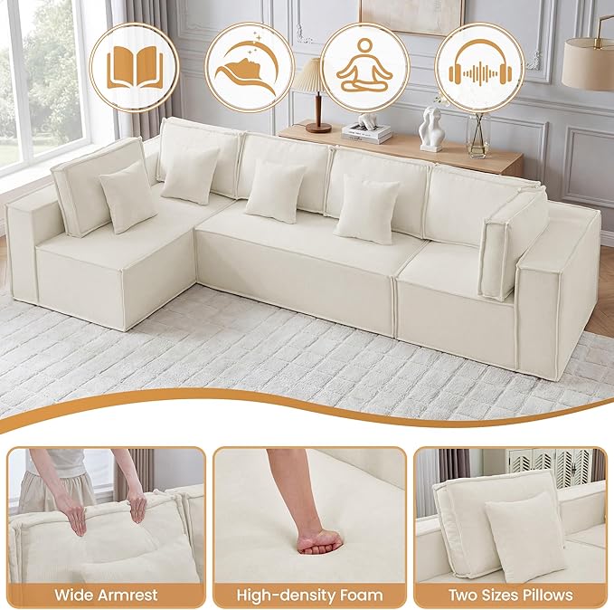 138'' Boneless Chenille L Shaped Couch, Oversized Modular Sectional 5 Seater Sofa, Modern Deep Seat Corner Cloud Compressed Couch, No Assembly Sleeper Sofa with Chaise for Living Room, Beige