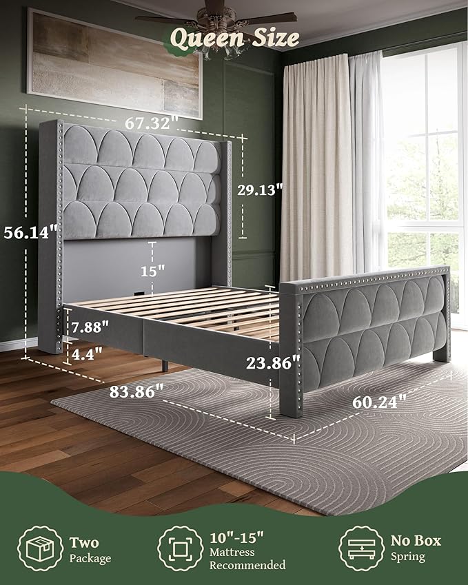 OHOHOLIVE Queen Size Bed Frame with 56" Headboard - Velvet Upholstered Wingback Platform Bed Frame, Noise Free, Sturdy Wooden Slat Support (Deep Gray, Queen)