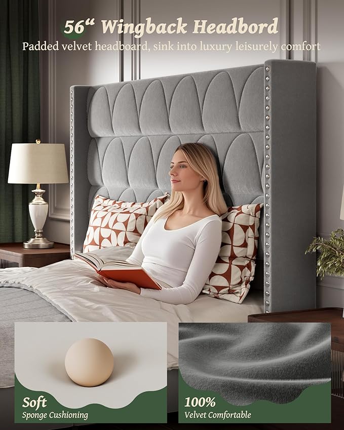 OHOHOLIVE King Size Bed Frame with 56" Headboard - Velvet Upholstered Wingback Platform Bed Frame, Noise Free, Sturdy Wooden Slat Support (Deep Gray, King)