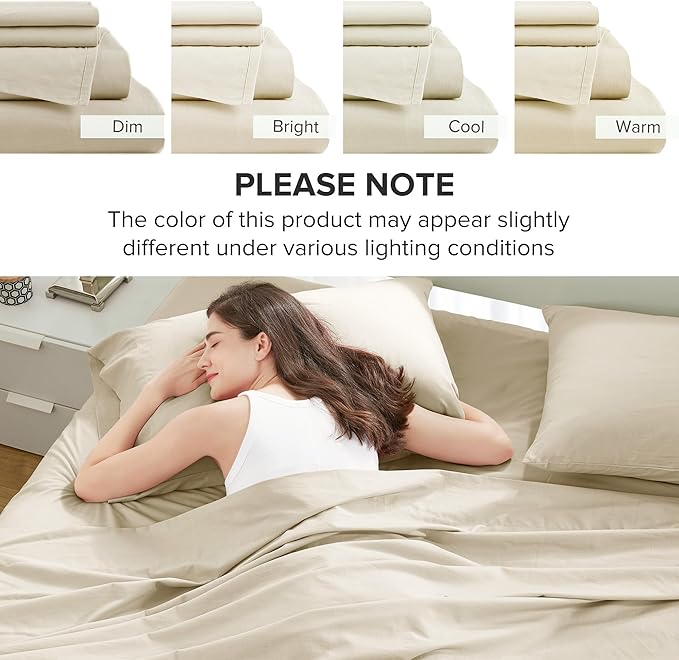 Comfort Spaces 100% Cotton Sheets Cal King, Breathable & Soft Cotton Sheets, Naturally Cool Cotton Bed Sheets with 14" Elastic Pocket Fits up to 16" Mattress, All Seasons Sheet Set, Cream 4 Piece
