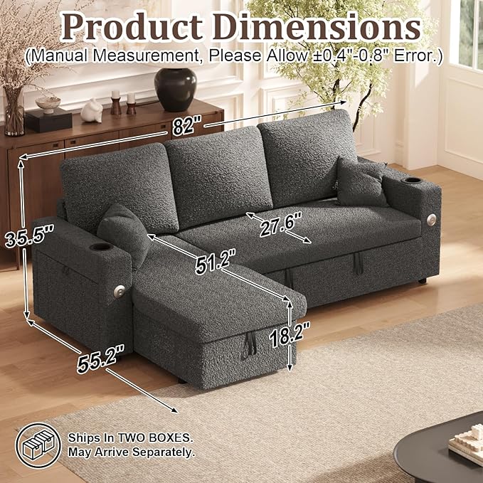 Sleeper Sofa Bed, 4-in-1 Pull Out Couch with Reversible Chaise | Dual USB & Type-C Charging | Dual Cup Holders | Layered Storage (Armrest + Chaise) for Living Room, Apartment, Home Office (Dark Gray)