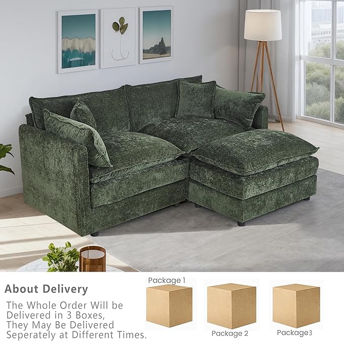 Setawix Deep Loveseat Couch with Ottoman,Large L-Shaped 2 Seater Cloud Couches for Living Room,77.16" Chenille Cloud Sofas with Deep Seat,Modular Sectional 2 Seat Sofa for Bedroom (Green, 2+1)