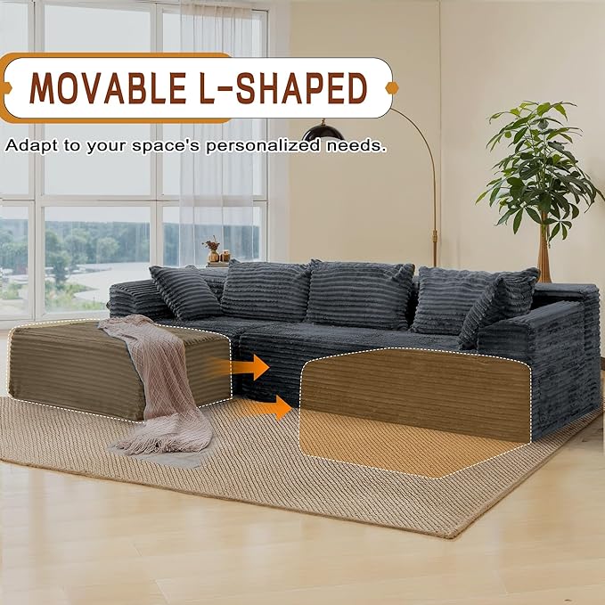 110" L-Shaped Modular Sectional Sofa with Chaise, Boneless Comfy Corduroy Fluffy Couch with Deep Seat and Side Pockets, Flexible Module Combination for Living Room, No Assembly, Side Pockets