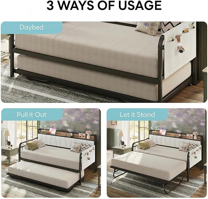 LIKIMIO Daybed with Trundle Bed, Twin Bed Frame with Storage Boucle Headboard and Charging Station, Sofa Day Bed with Strong Supports for Living Room, Bedroom, and Guest Room, Cream