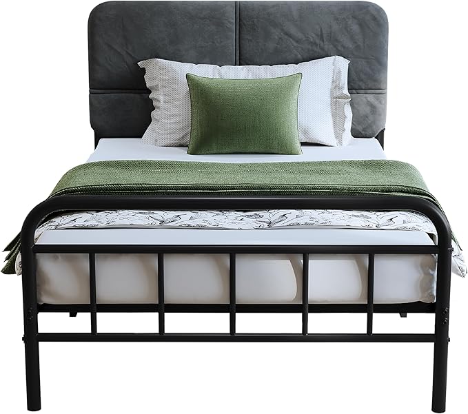 14Inch Metal Bed Frame,Twin Size Bed Frame with Upholstered Headboard,Heavy Duty Sturdy Mattress Foundation,Easy Assembly,No Box Spring Needed,Grey-Twin