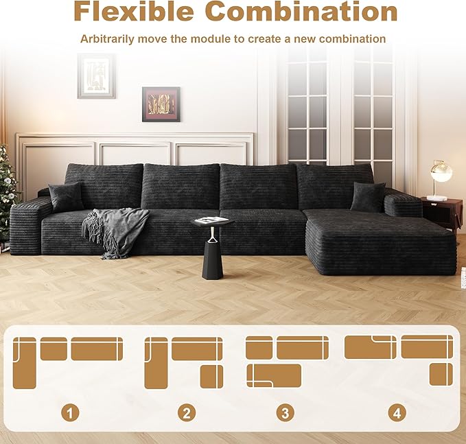 136" Sectional Couches for Living Room Cloud Couch Sofa with L-Shape Upholstered Boneless Couchs Modern Modular Sectional Couch with Chaise (Black, 136" Right Facing Chaise+3Seaters)