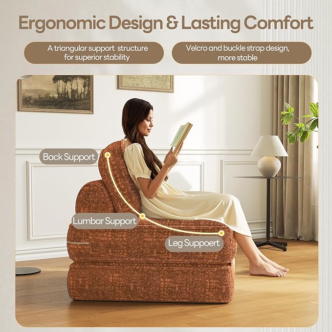 Dowinx Folding Sofa Bed with Pillow, Convertible Comfy Couch Bed for Adults Home Lounge and Gaming, Modern Comfortable Design for Apartment Living Room Bedroom, Single, Smooth Velvet, Amber Brown