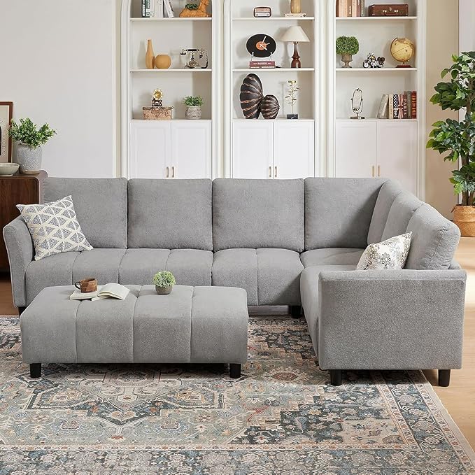 103" Convertible Sectional Sofa with Long Ottoman, Modern Upholstered Fabric L-Shaped Couch with Back Cushions, 6 Seat Sofa Couches for Living Room, Apartment, Office, Light Grey