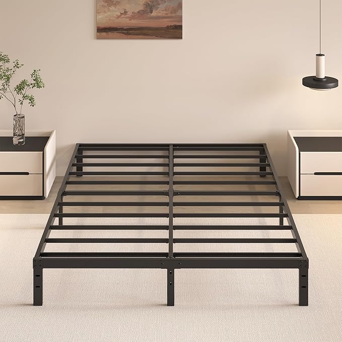 HOBINCHE 10 Inch Queen Size Bed Frame - No Box Spring Needed Heavy Duty Metal Platform Mattress Foundation with Steel Slats, Non-Slip Noise Free Easy Assembly Black Bedframes