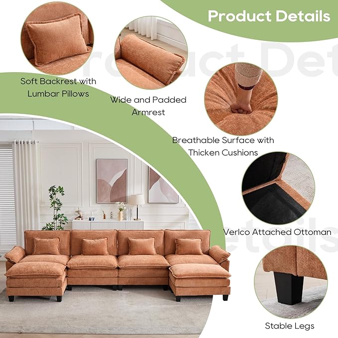 154" Modular Sectional Sofa, Comfy Cloud Couch Sectional Sofa with Ottoman, Chenille Sofa Sleeper Deep Seat Sofa with Throw Pillows for Living Room (Orange, 154"- U Shape)