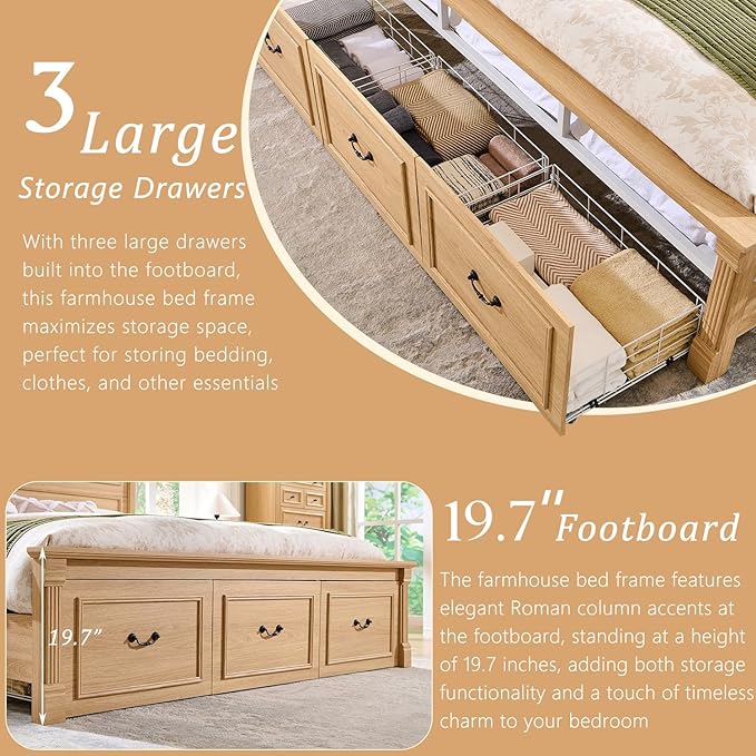 Aitjunz Farmhouse King Size Bed Frame with 51" Tall Headboard, Wood Platform Bed Frame with 20" Tall Roman Column Decoration Footboard & 3 Large Storage Drawers, No Box Spring Needed (Natrual)