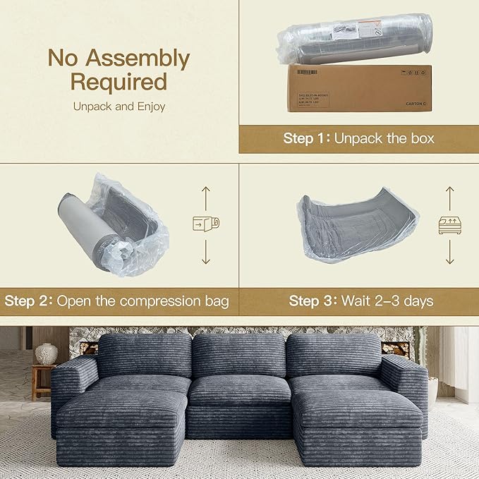 Belffin Boneless Modular Cloud Sectional Couch with Deep Seat Plush Corduroy 3-Seater Boneless U Shaped Couch with Ottoman No Assembly Required. Grey Sofa