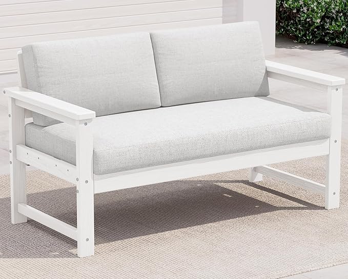 SERWALL HDPE Outdoor Loveseat with Cushions, All Weather Use Outdoor Loveseat Sofa, White Frame/Khaki Cushion