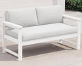 SERWALL HDPE Outdoor Loveseat with Cushions, All Weather Use Outdoor Loveseat Sofa, White Frame/Khaki Cushion