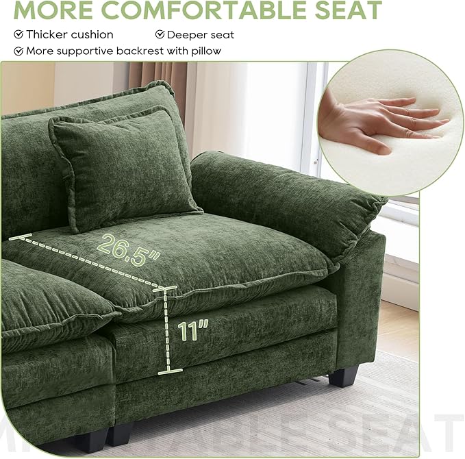 Modular Sectional Sofa, Comfy Cloud Couch Sectional Sofa, Chenille Sofa Sleeper Deep Seat Sofa with Throw Pillows for Living Room (Green, 53"- Single Seat)
