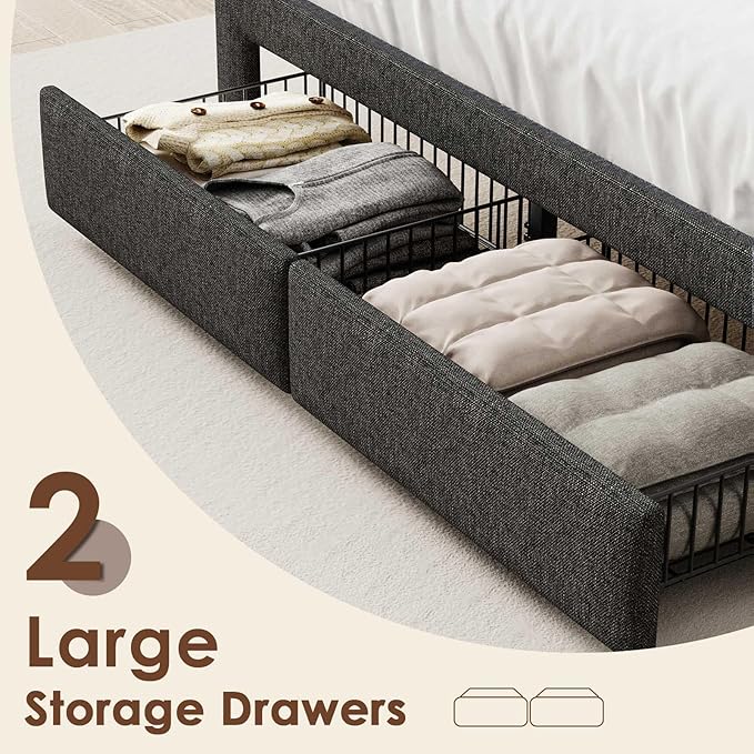 Driftalia LED Queen Bed Frame with 2 Storage Drawers, Upholstered Bed Frame Queen Size with Headboard and Charging Station, No Box Spring Needed, Easy to Assembly-Dark Grey