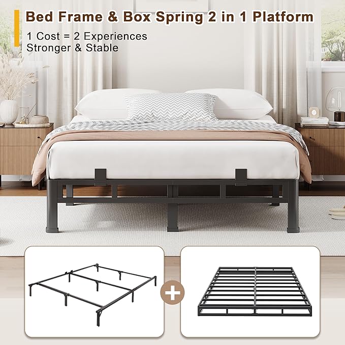 ROIL 10 Inch King Bed Frame, Metal Bed Frame & Box Spring 2 in 1 Platform with Round Corner Legs, 4000LBS Double Layer Low Profile Metal Platform Mattress Baffles, Noise-Free Easy Assembly