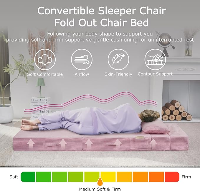 Folding Sofa Bed, 4 in 1 Convertible Sleeper Chair with Pillow, Twin Memory Foam Fold Out Chair Bed, Modern Floor Futon Sofa Couch Mattress for Living Room/Guest/Apartment, Pink