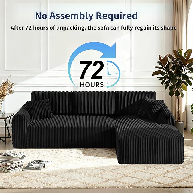 109“L-Shaped Sectional Sofa Boneless Couch Upholstery Cloud Modular Couch with Chaise No Assembly Required Corduroy Fabric Combination Deep Seat Living Room Bedroom(Black, Right Hand Facing)