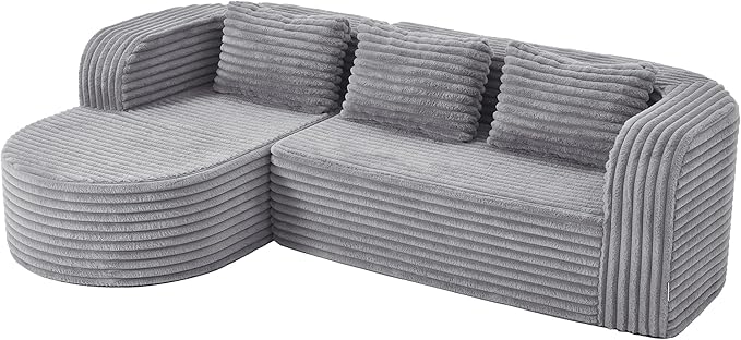 Hobestluk 96" Cloud Sectional Couch Modern Boneless Couch 3 Seater with Oversized Chaise L Shaped Modular Sofa for Living Room Apartment No Assembly Required (Stripe Lightgrey,Left Facing Chaise)