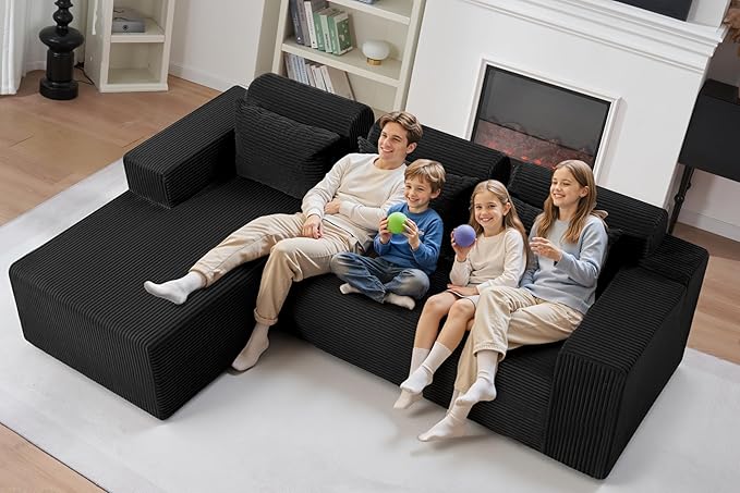 HABUTWAY Sectional Couches for Living Room,No Assembly L Shaped Couch 105" Modular Sectional Sofa Couch with Deep Seat,Cloud Couches Furniture Sets for Apartment,Corduroy (Black, Left Facing)