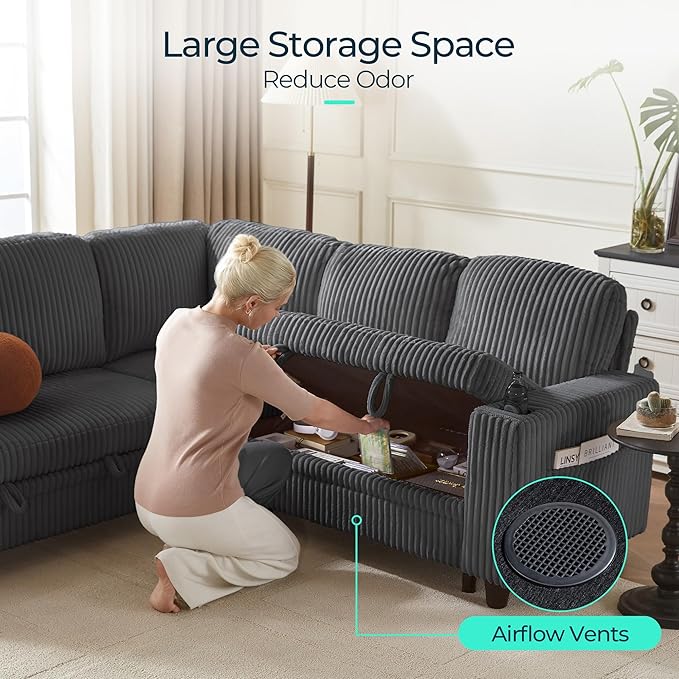 LINSY HOME Sectional Sleeper Sofa Pull Out Couches for Living Room (Grey, Sleeper Sofa 4) | Pull Out Sofa Bed, Storage, USB Charging, Cup Holders, Plush Corduroy