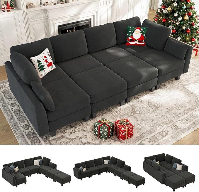 Sectional Sleeper Sofa, 8 Seaters Modular Sleeper Sofa Couch, Comfy Sectionals Couches Bed, Convertible Sofas with Ottomans, Modular Sectional Couches for Living Room, Dark Grey