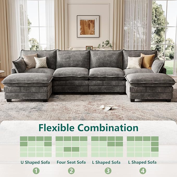 Modular Sectional U Shaped Sofa Couches for Living Room, Cloud Couch with Movable Ottoman, Comfy Chenille Sofa with Pillow for Bedroom and Apartment,Dark Gray