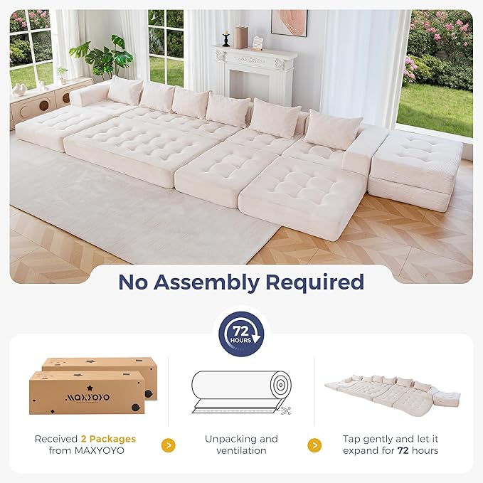 MAXYOYO Modular Sectional Sofa Couch, Foldable U Shaped Cloud Couch with Pillows, Tufted 7-Seat Boneless Sleeper Lounger Floor Sofa Bed for Living Room, No Assembly Required, Beige