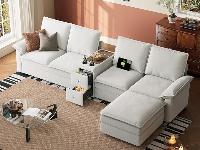 LINSY HOME Modular Sectional Couches, 115" L Shaped Cloud Sofa with Versatile Console, Chenille 4-Seat Sofa Set for Living Room, Apartment, Office, Beige